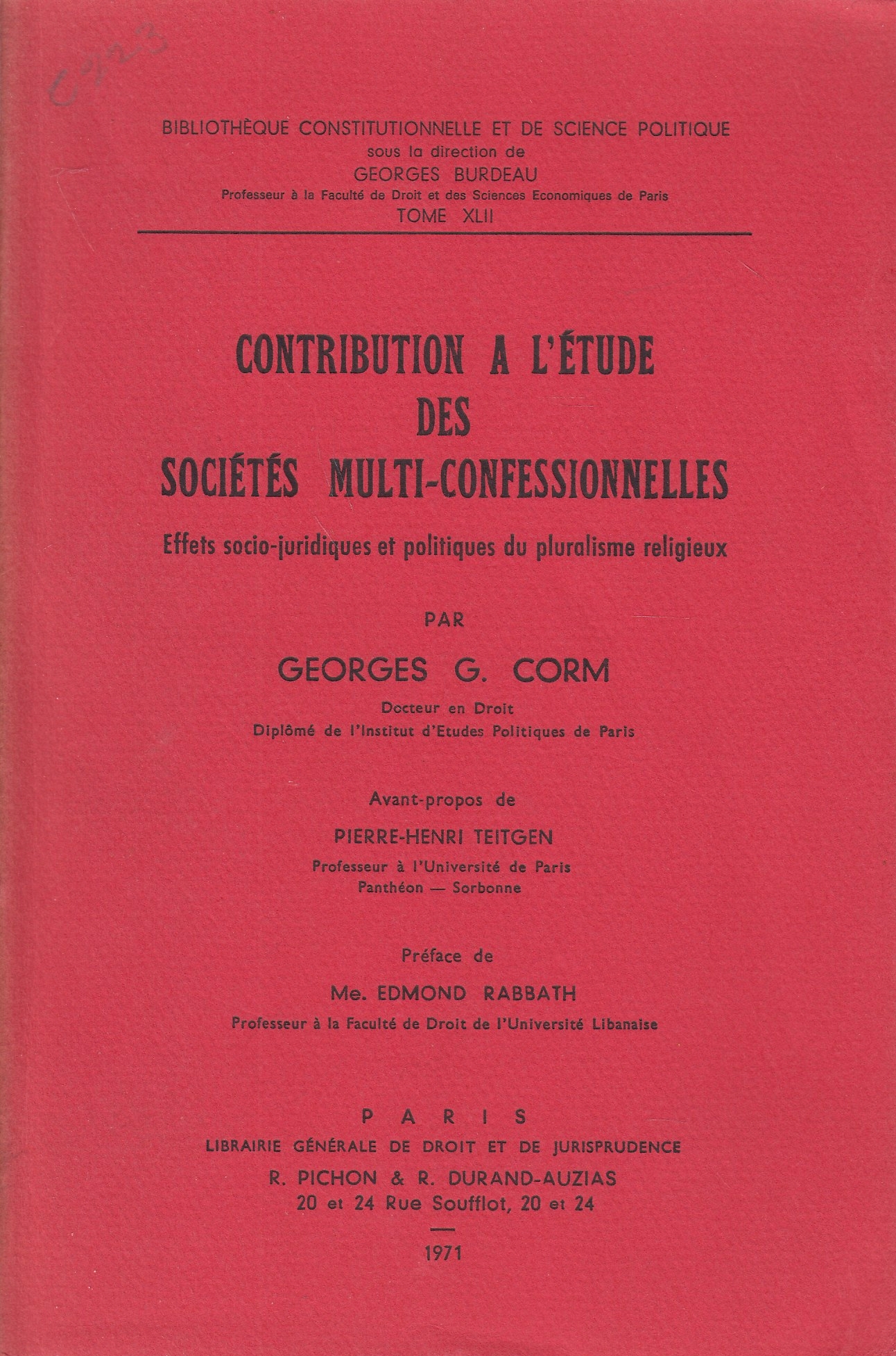 Contribution à l'Etude des Sociétés Multi-Confessionnelles;